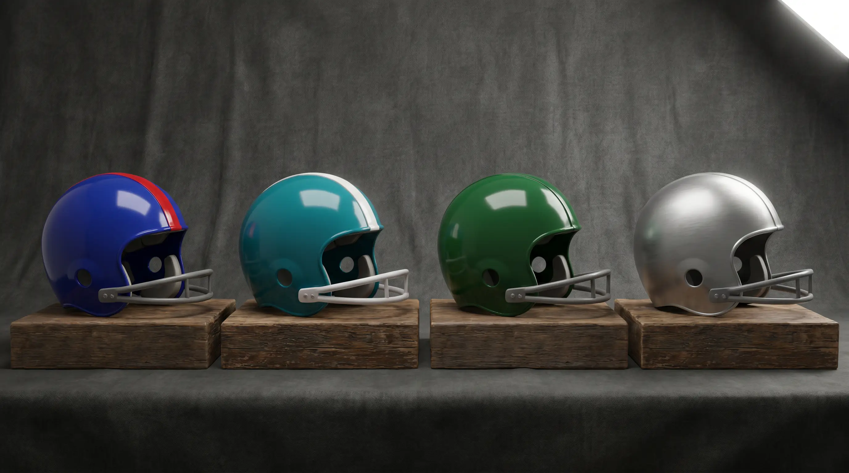 Row of four NFL helmets in different colour schemes representing AFC East division rivals