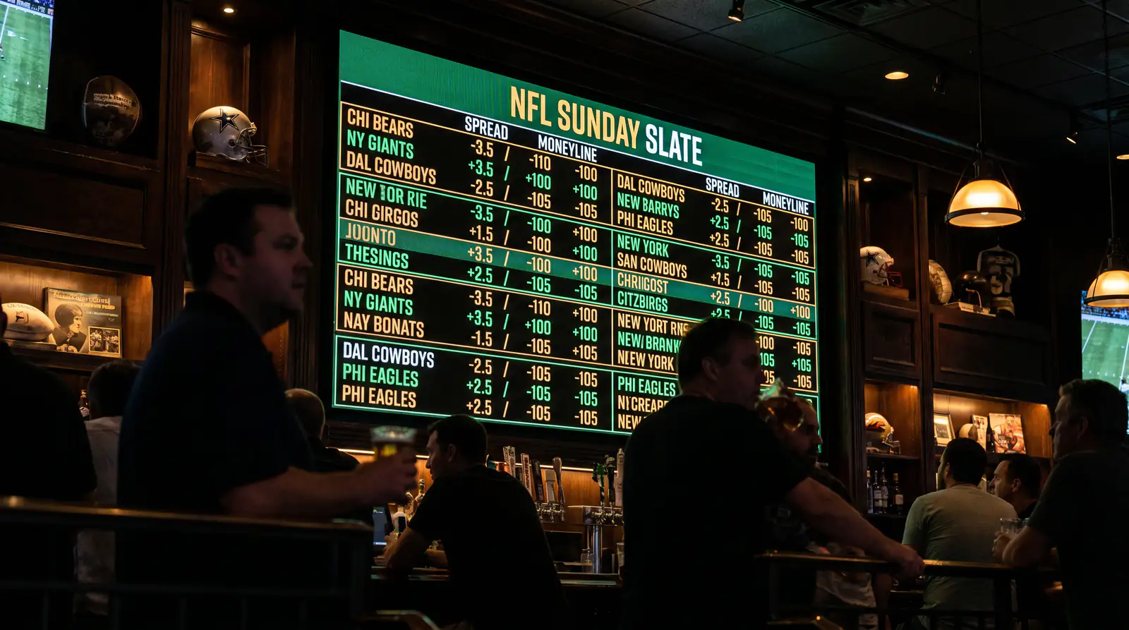 American moneyline and spread prices on an NFL betting board with plus and minus notation