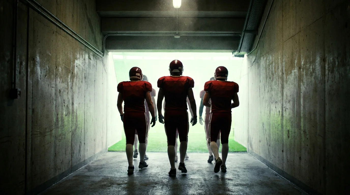 American football players in red away kit walking through a stadium tunnel toward the field
