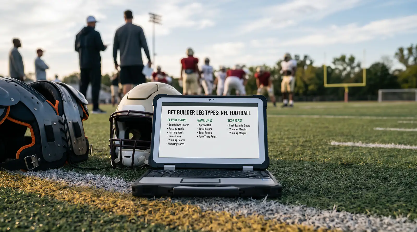 Categorised list of bet builder leg types displayed on a tablet screen