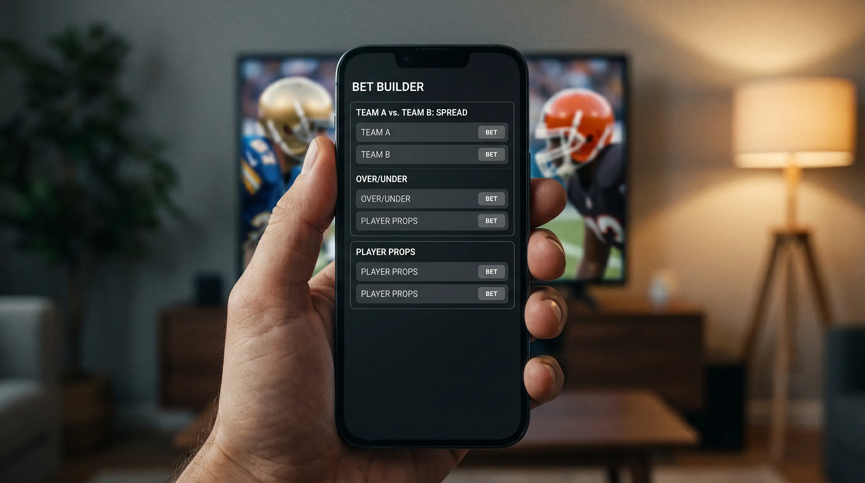 Hand holding a smartphone with a bet builder interface adding legs to a same-game multi