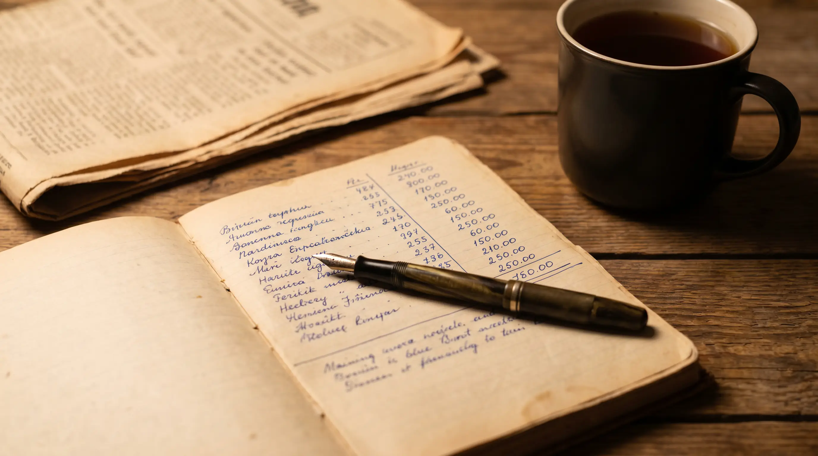 Handwritten betting log notebook with pen on a wooden desk under warm lamp light