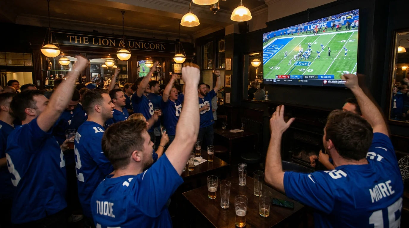 Group of UK fans in royal blue jerseys cheering during a late-night NFL game in a British pub