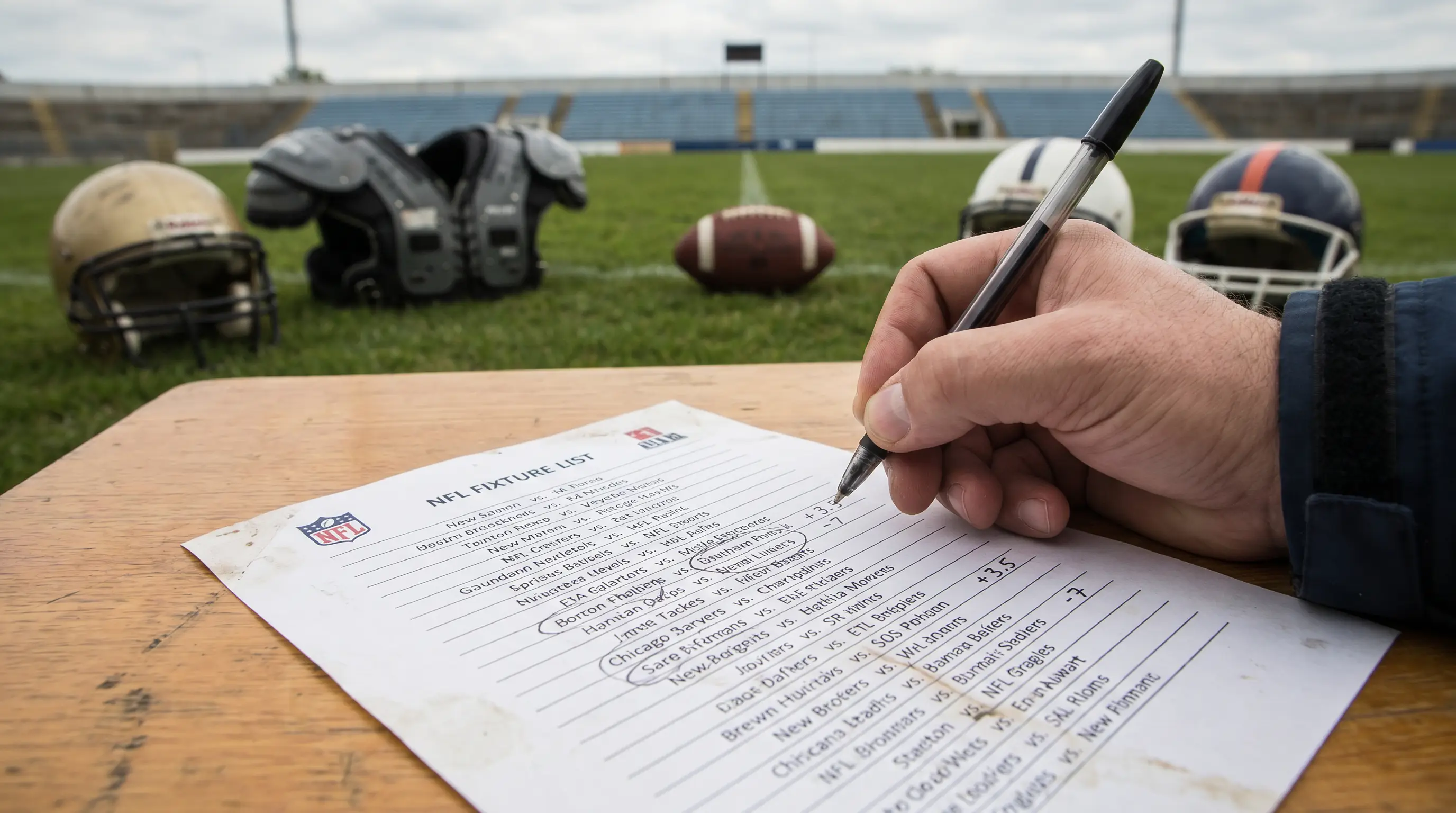 Hand annotating spread alternates on a printed NFL fixtures sheet