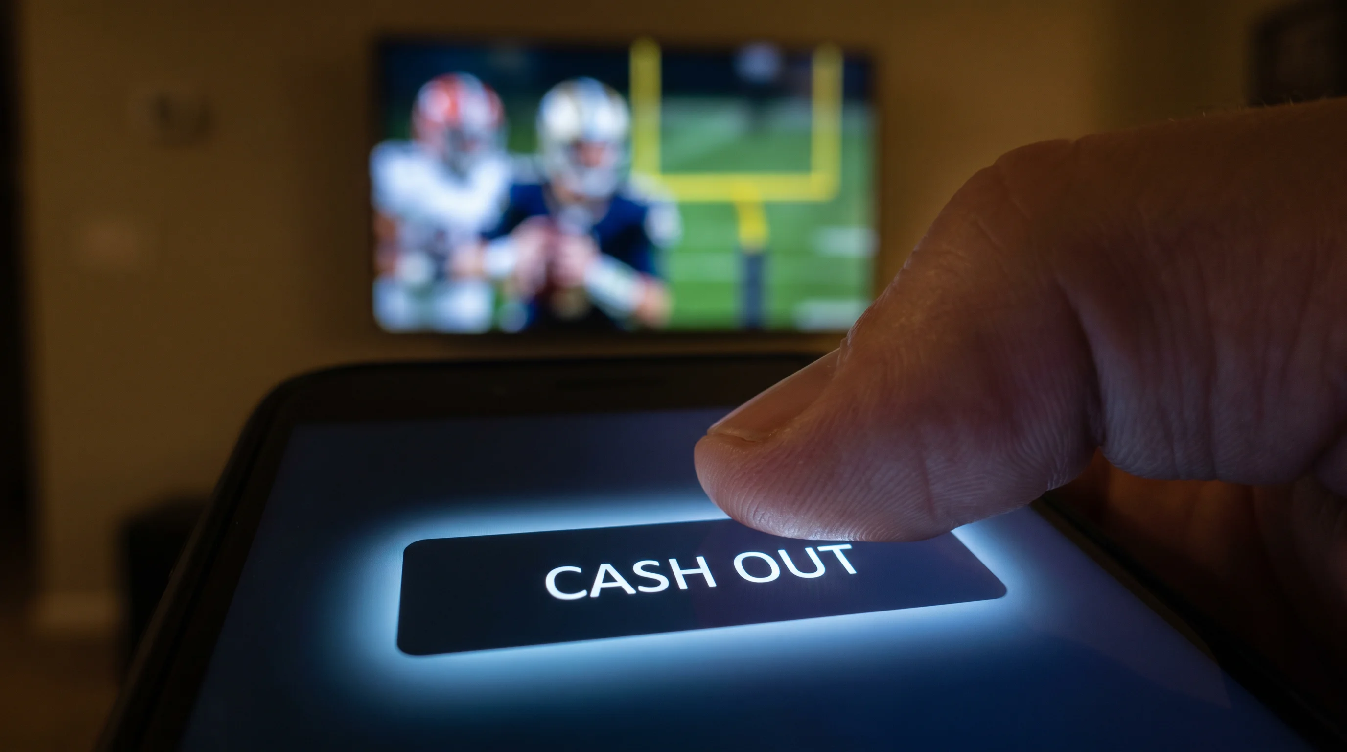 Thumb tapping a cash-out button on a sports betting app screen during a live NFL game