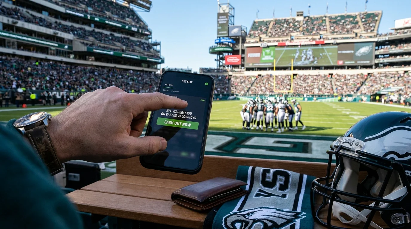 Hand hovering over the cash-out button on an NFL bet slip during a live game