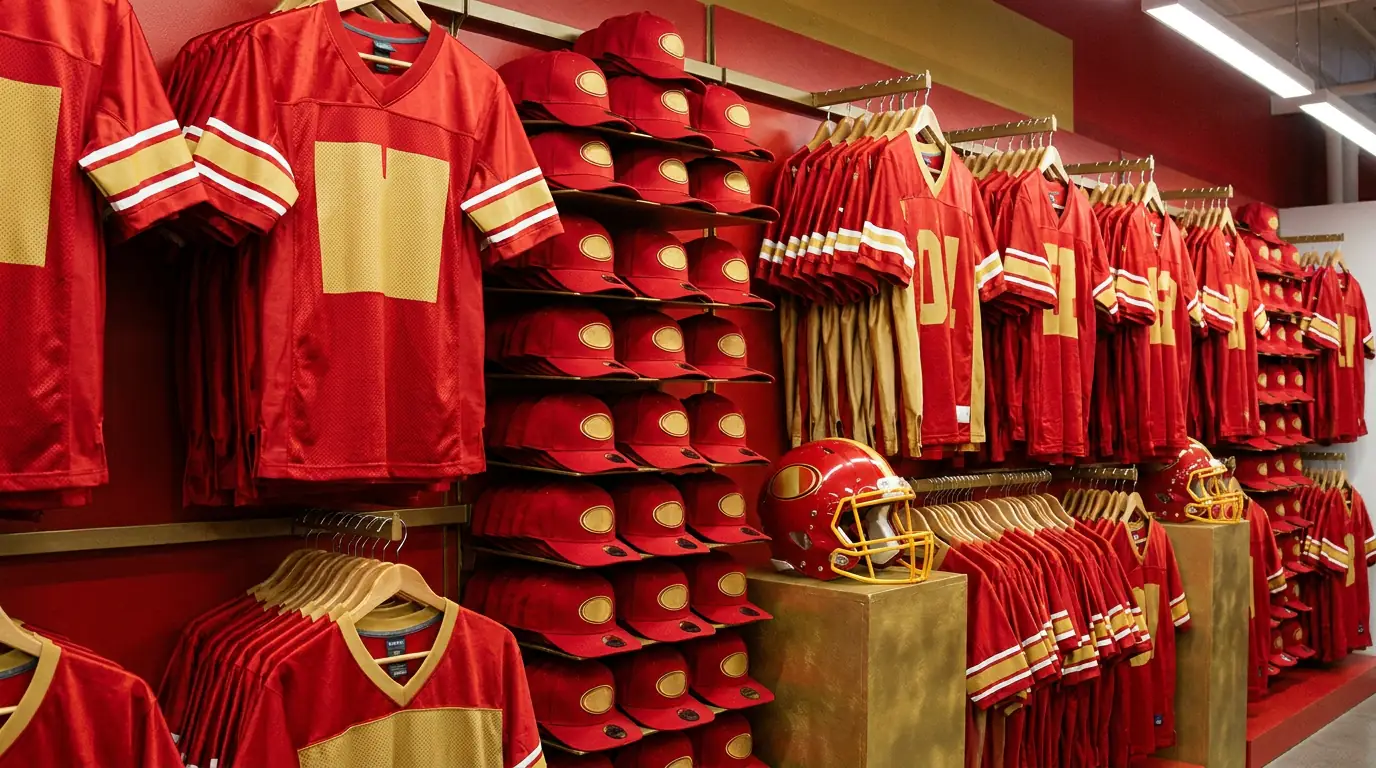Retail display of red American football team merchandise at an NFL store in London