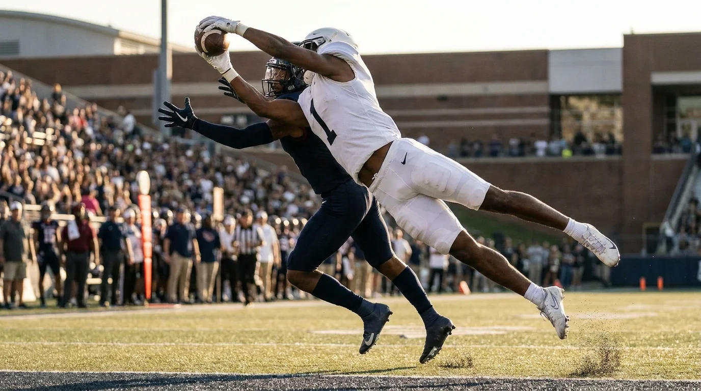 American football cornerback intercepting a pass in mid-air with the receiver beside him