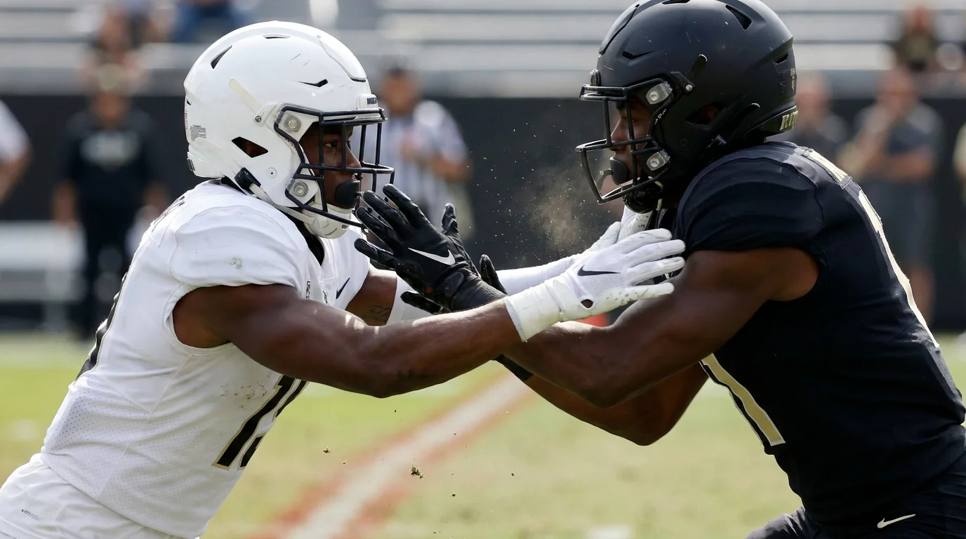 Cornerback in tight press coverage on a wide receiver at the line of scrimmage