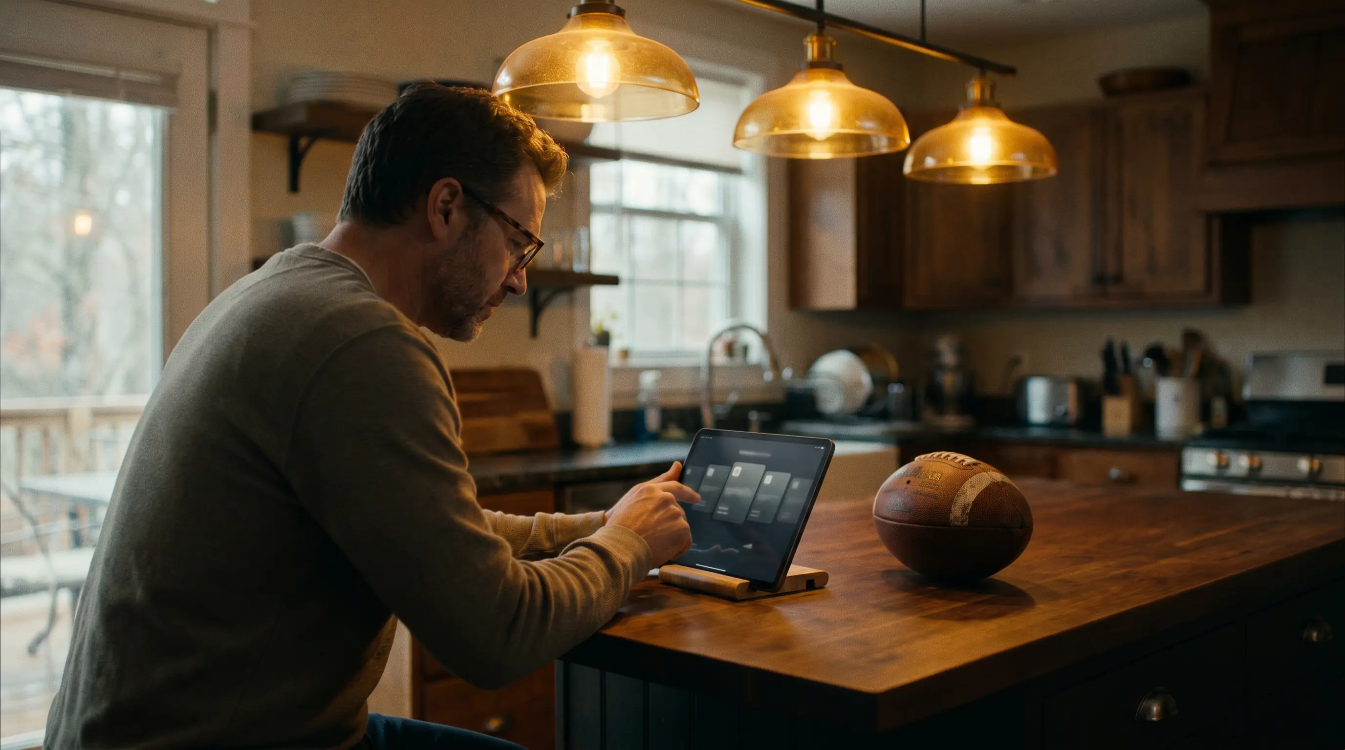 Bettor focused on assembling a customised NFL wager step by step on a tablet