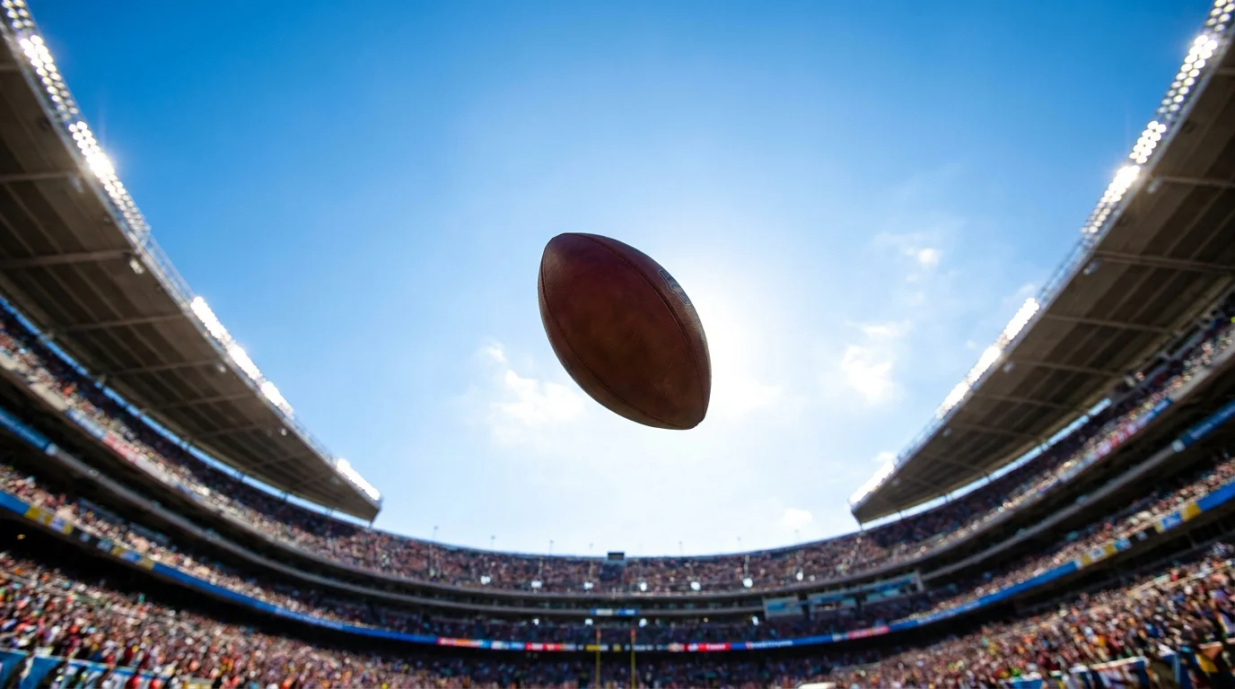 American football arcing through the sky over a stadium during a deep pass attempt