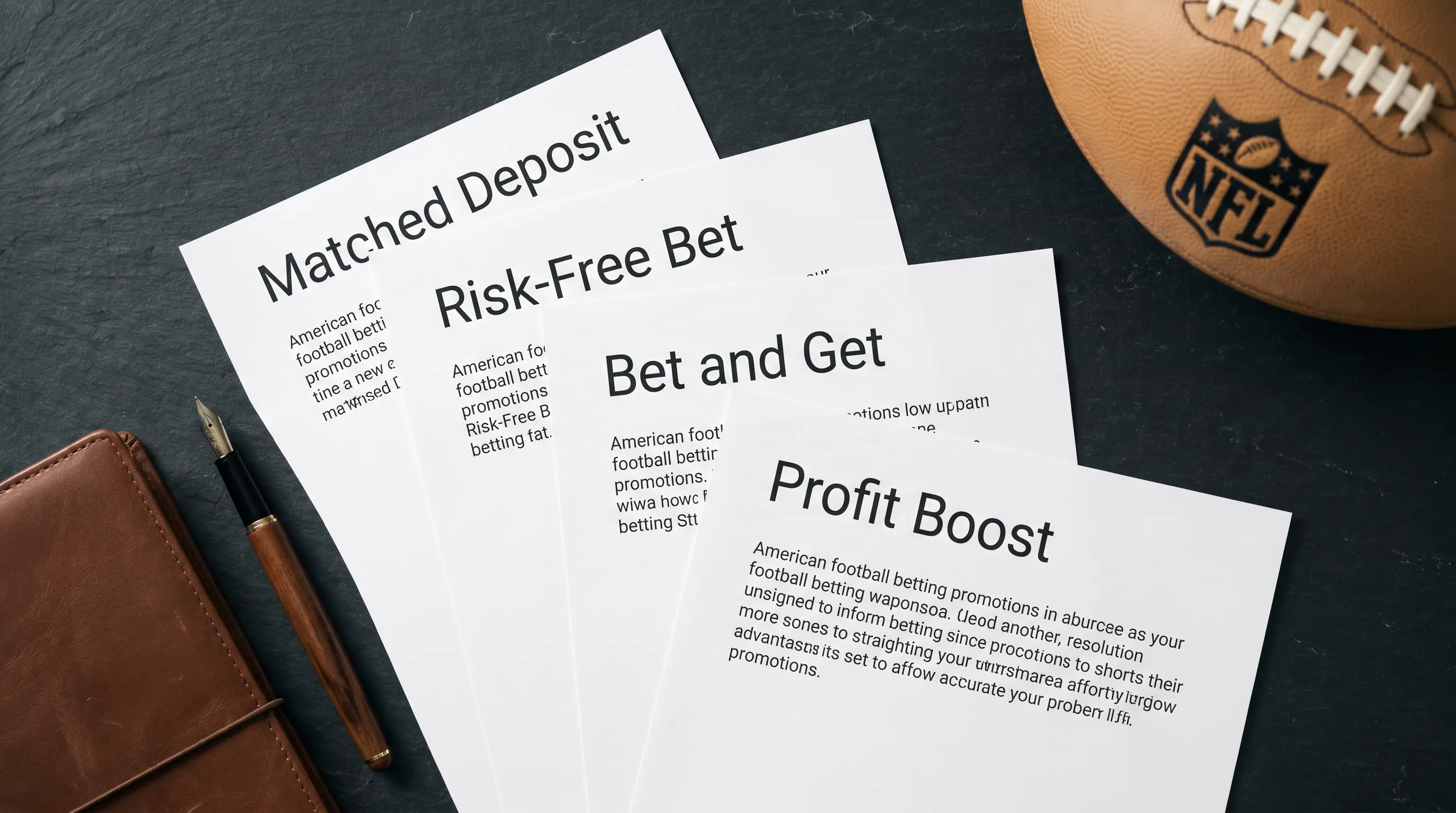 Four printed pages laid out on a desk showing different NFL free bet offer structures