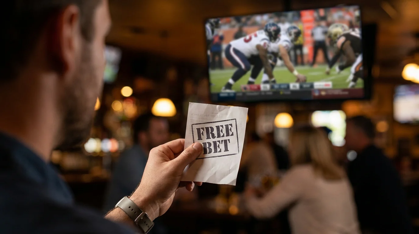 British bettor inspecting a free bet token slip with stake-not-returned mechanic explained