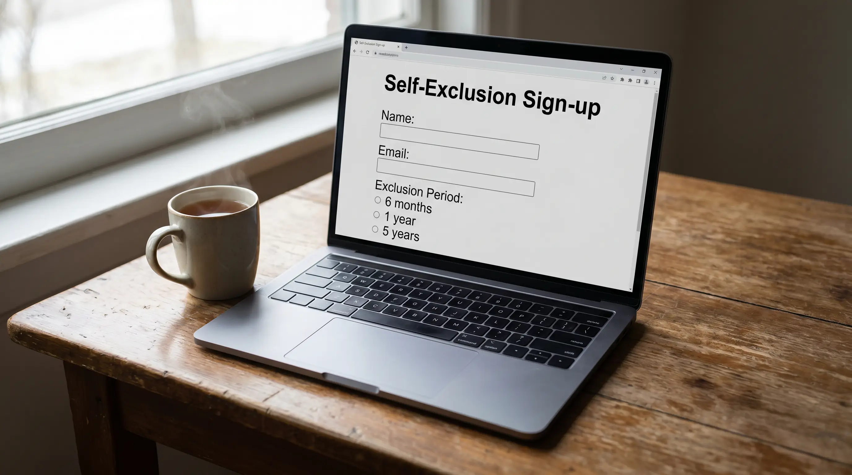 GAMSTOP self-exclusion signup form on a laptop screen with cooling-off period details