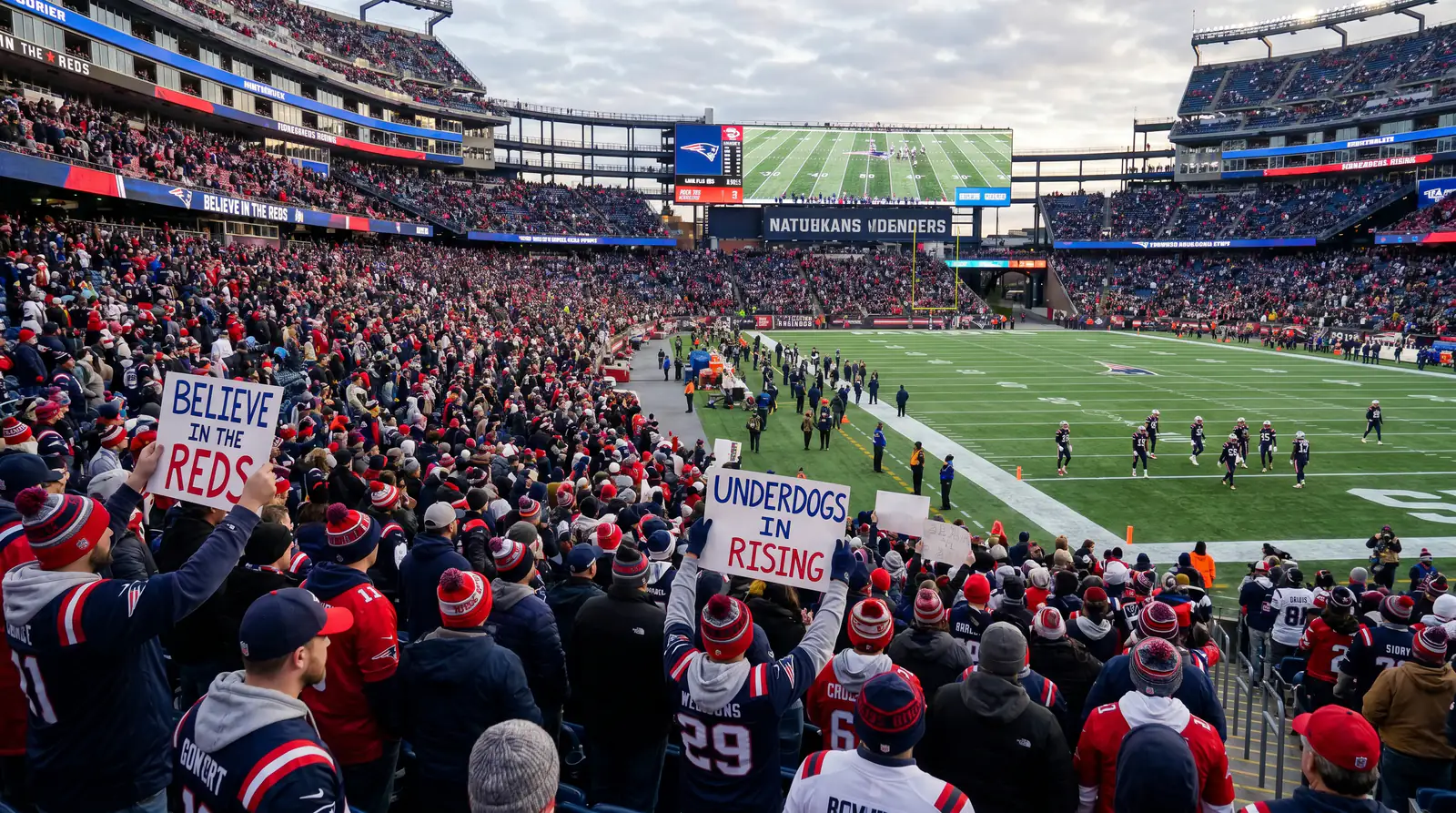 Home crowd at an NFL stadium backing a home underdog before kickoff