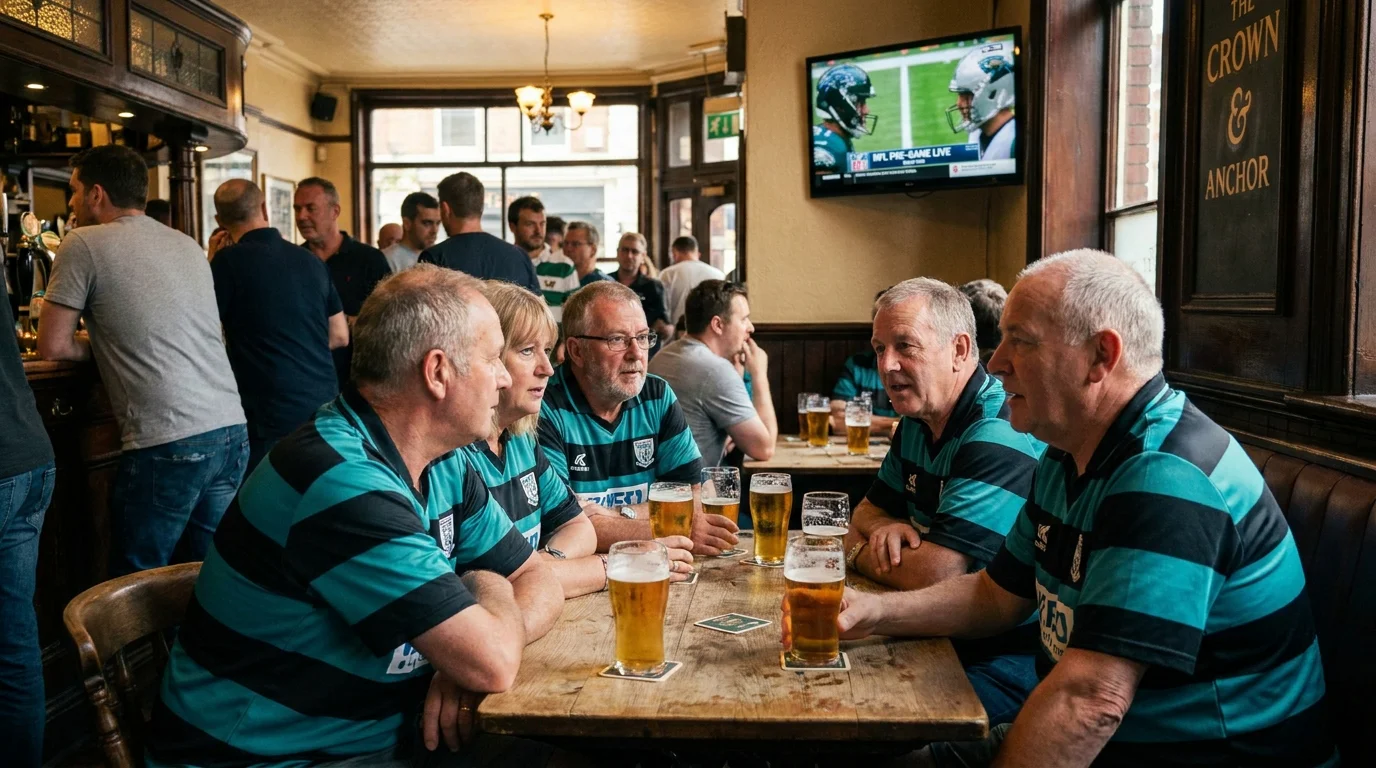 British NFL fans wearing teal jerseys gathered in a London pub before a Jaguars game