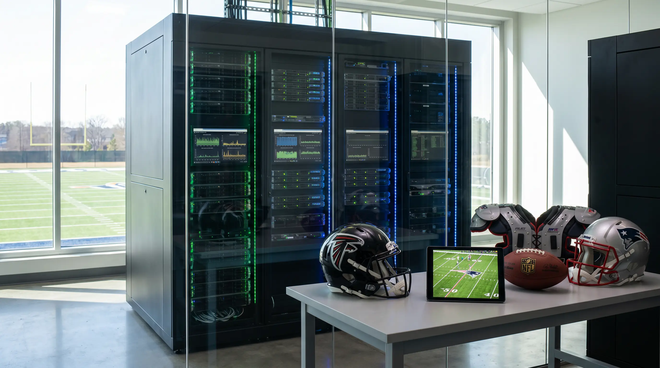 Server rack representing a bookmaker pricing engine updating NFL in-play odds in real time