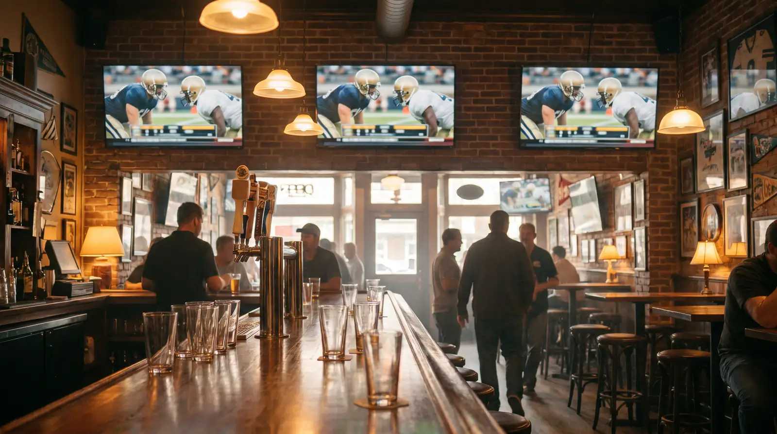 Sports pub with multiple screens showing live NFL London game betting markets