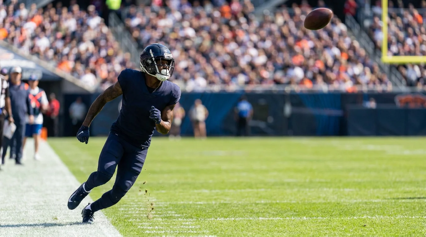 American football wide receiver running deep down the sideline tracking a long pass