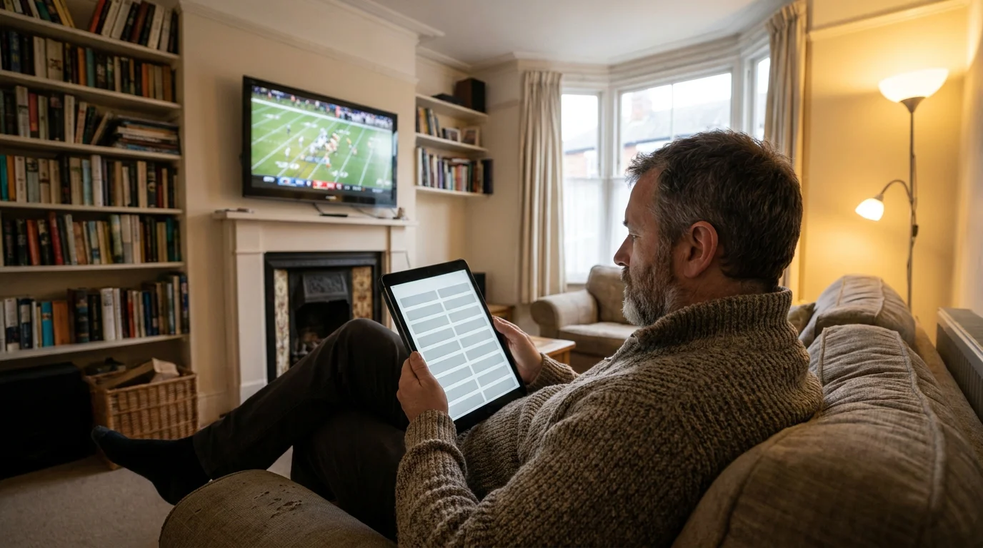British NFL bettor reviewing a long-running online bookmaker account history on a tablet