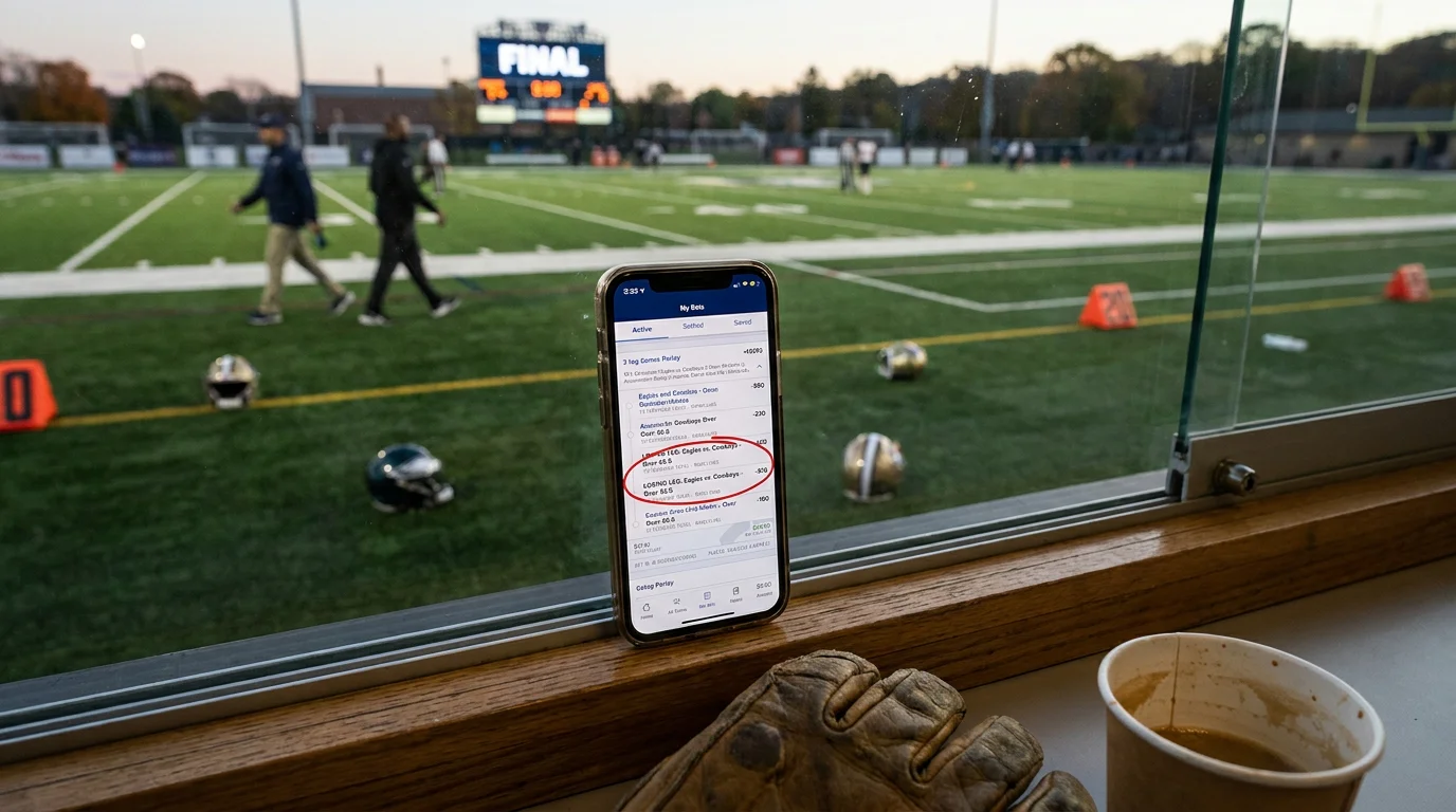NFL accumulator slip on a phone with one losing leg circled at the end of a Sunday