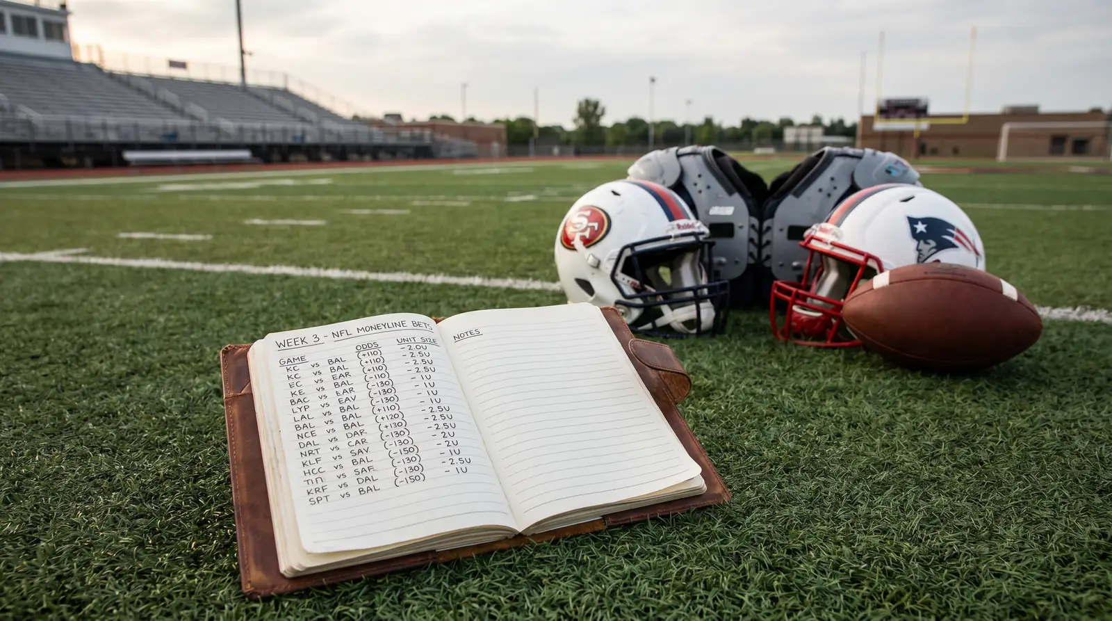 Bankroll tracking notebook with unit sizing notes for NFL moneyline bets