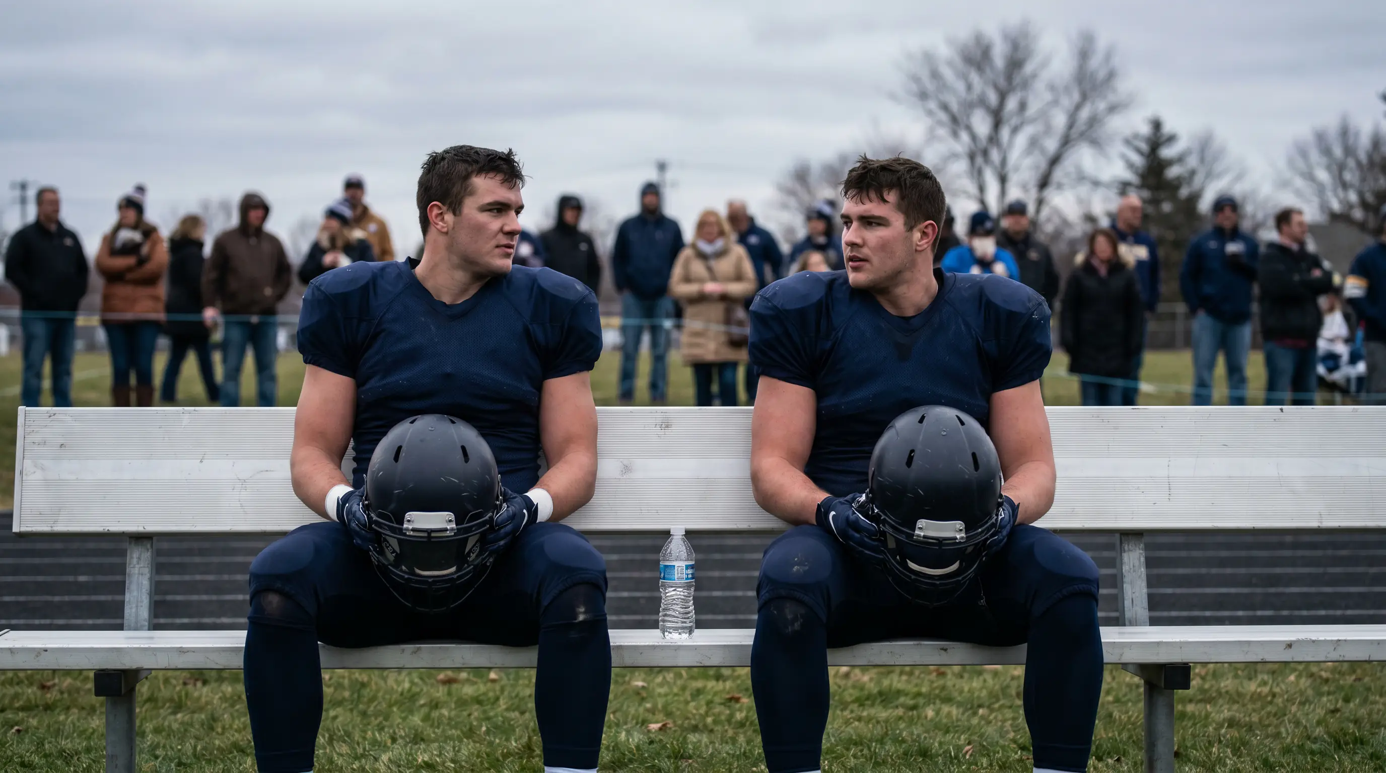 Two American football running backs sitting on the bench together during a game