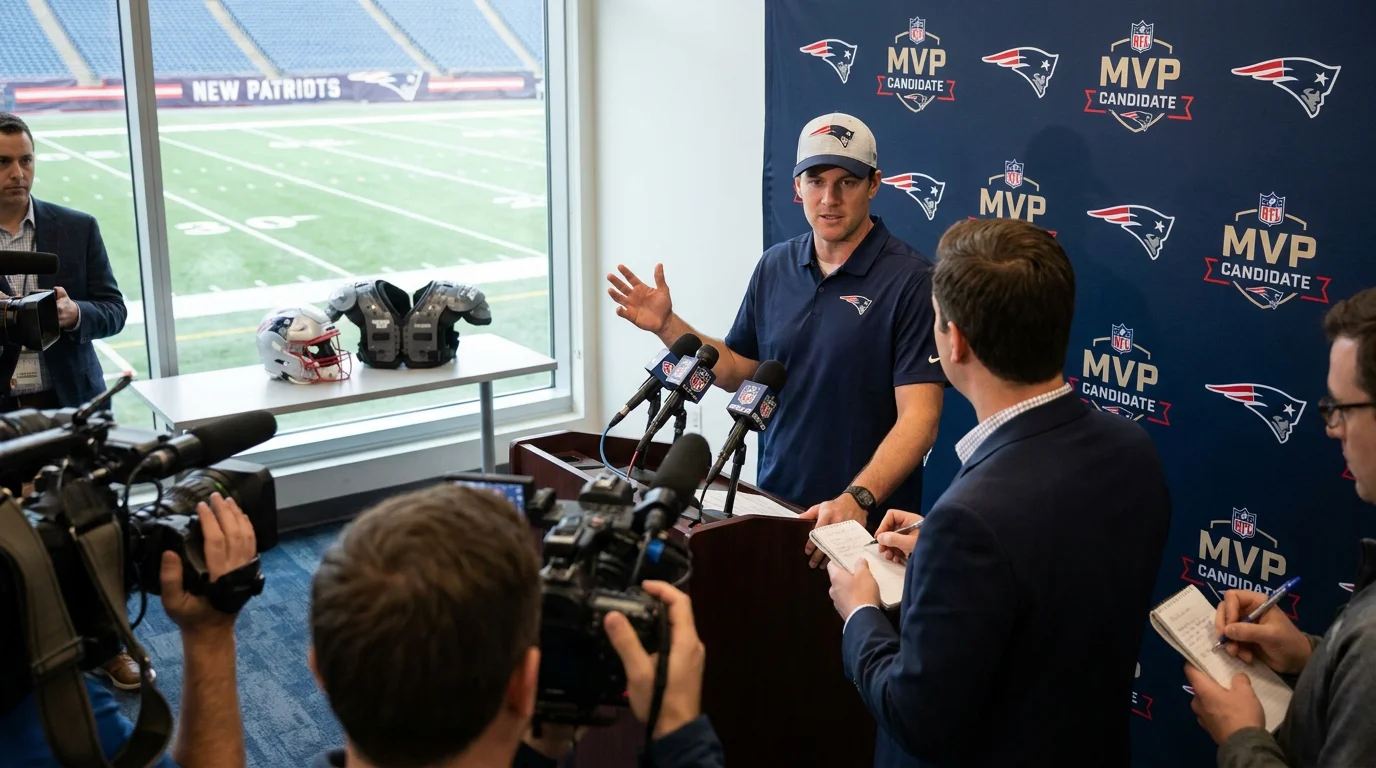 NFL press conference where a quarterback fields questions about an MVP run