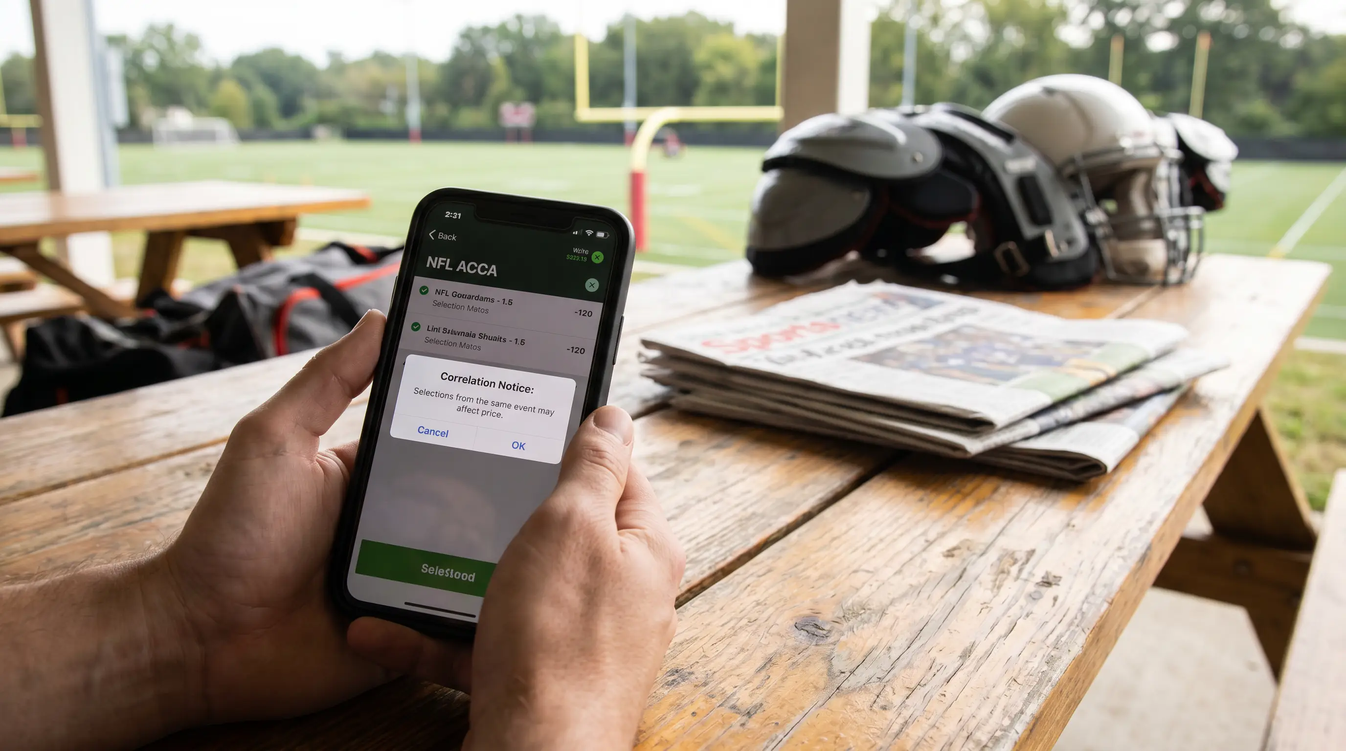 Two NFL acca selections being combined on a mobile slip with a correlation notice visible