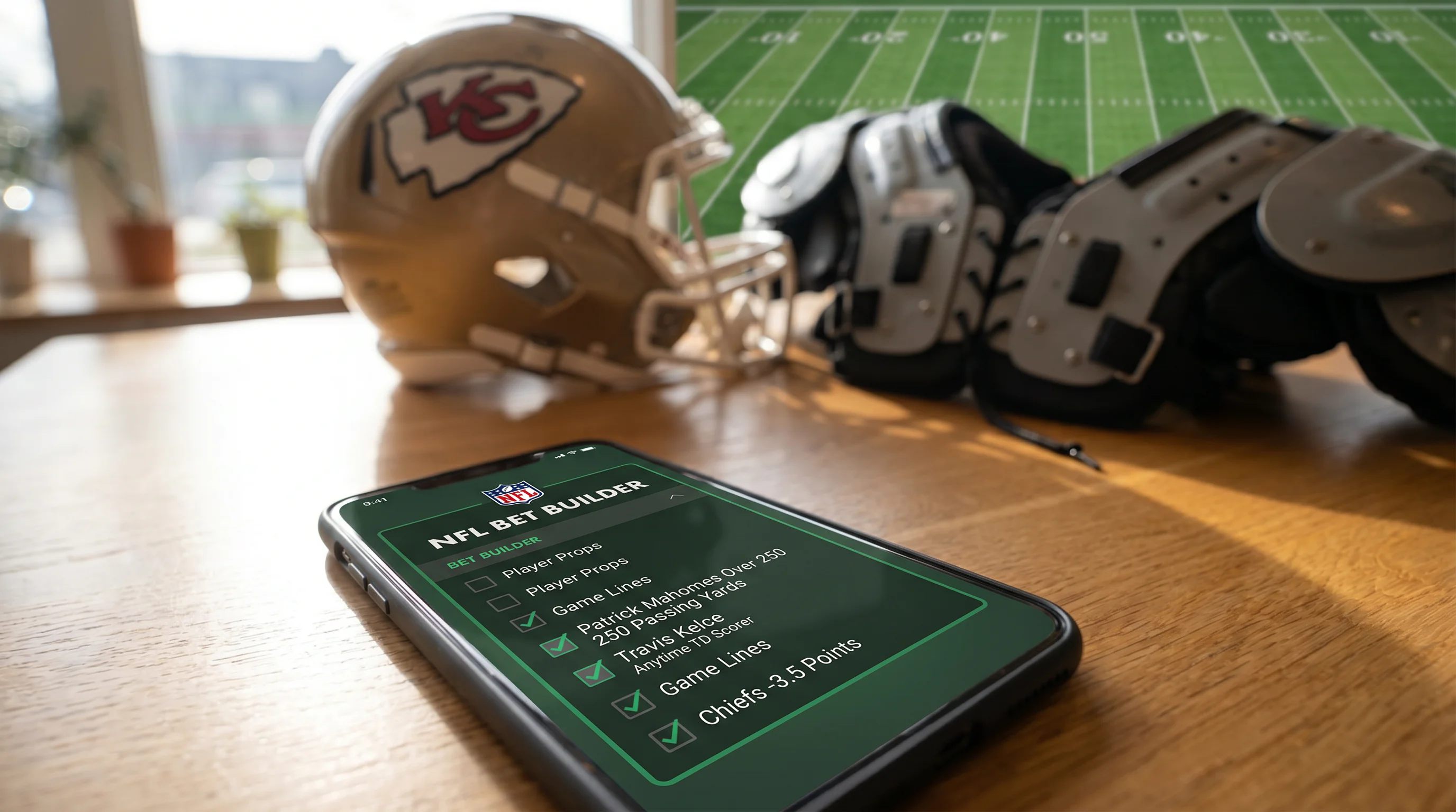 NFL bet builder screen on a smartphone with several legs selected