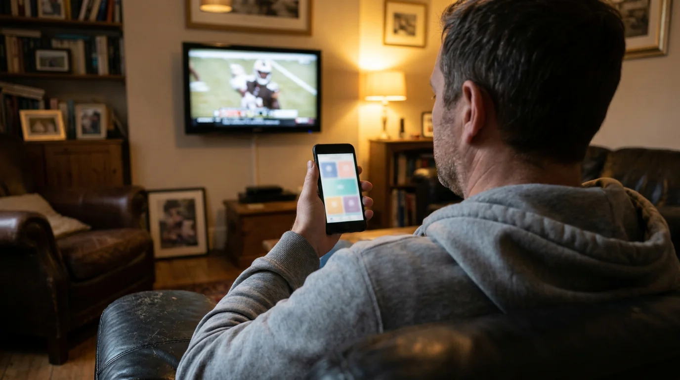 Punter constructing an NFL same-game multi on a mobile phone during live coverage