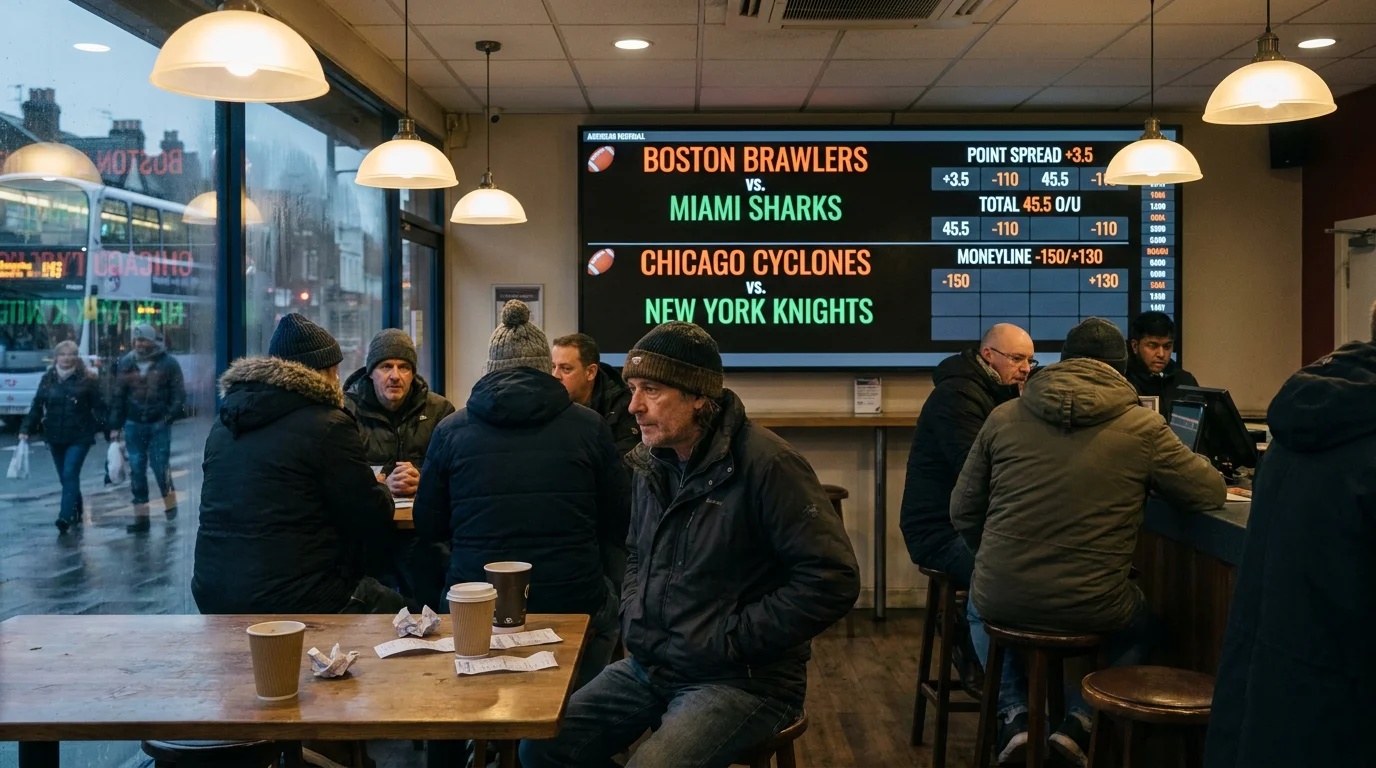 UK betting shop screen displaying anytime touchdown scorer markets for an NFL Sunday slate