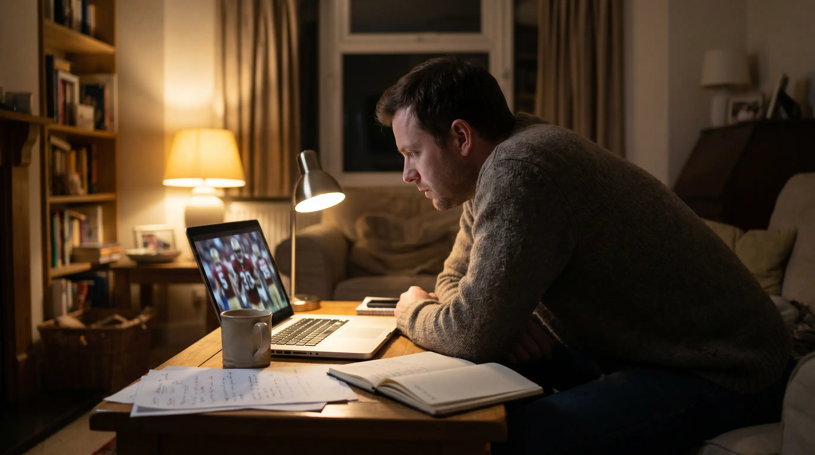 UK bettor watching an NFL game on a laptop with handwritten notes beside the keyboard