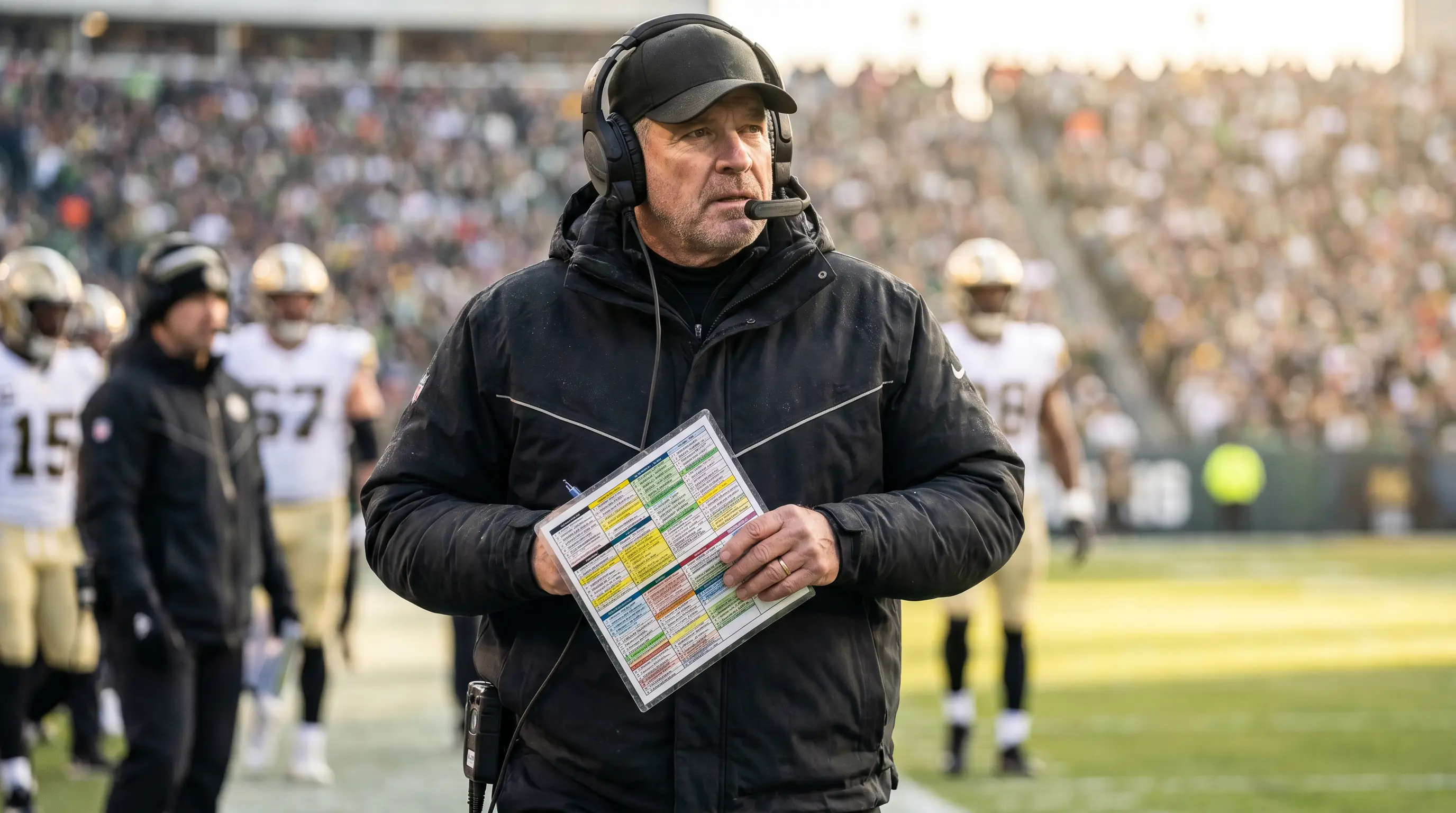 NFL underdog head coach studying a play sheet on the sideline late in the game