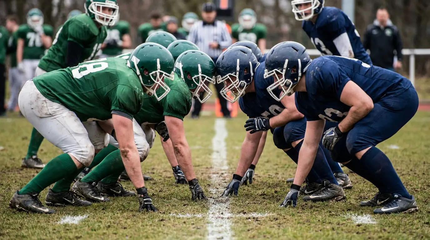 Two divisional NFL rivals at the line of scrimmage, helmets nearly touching