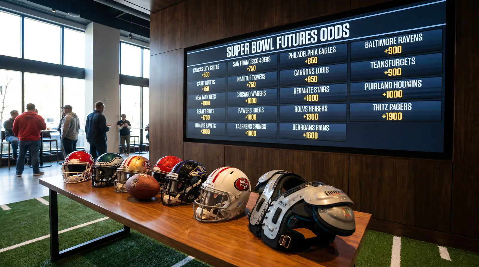 Bookmaker odds board displaying newly opened NFL Super Bowl winner futures market