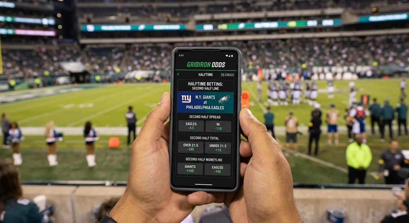 NFL halftime show with the second-half line displayed on a betting app