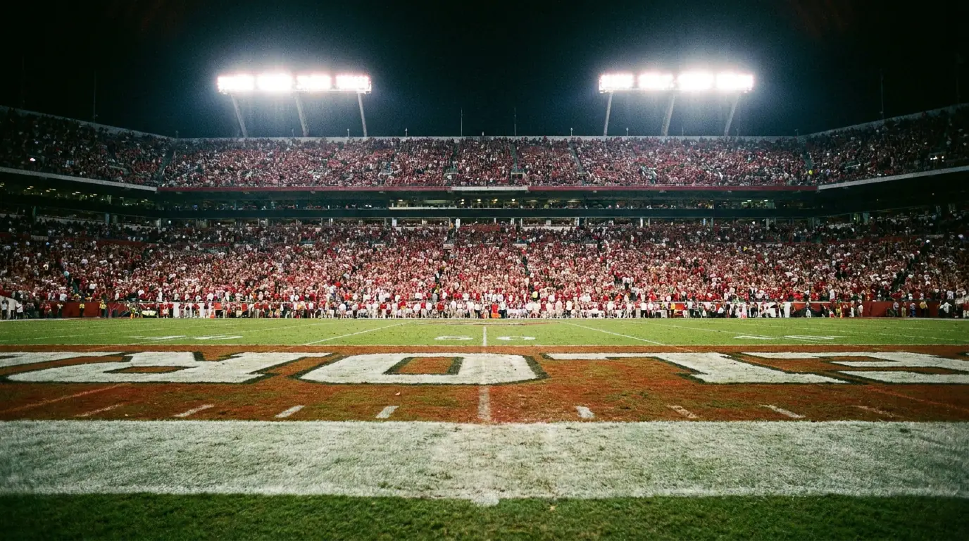 Home NFL stadium at night with a loud capacity crowd in team colours