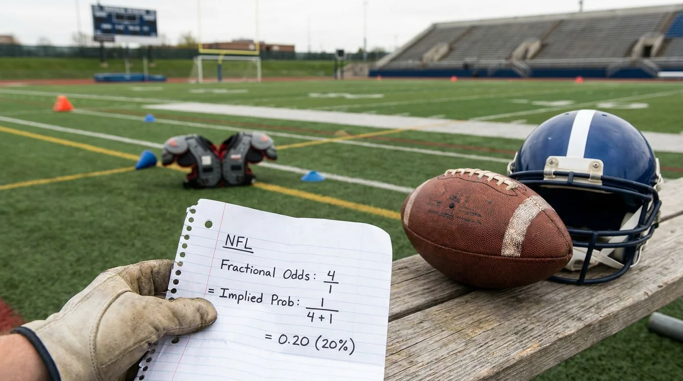 Worked example on paper converting NFL fractional odds into implied probability