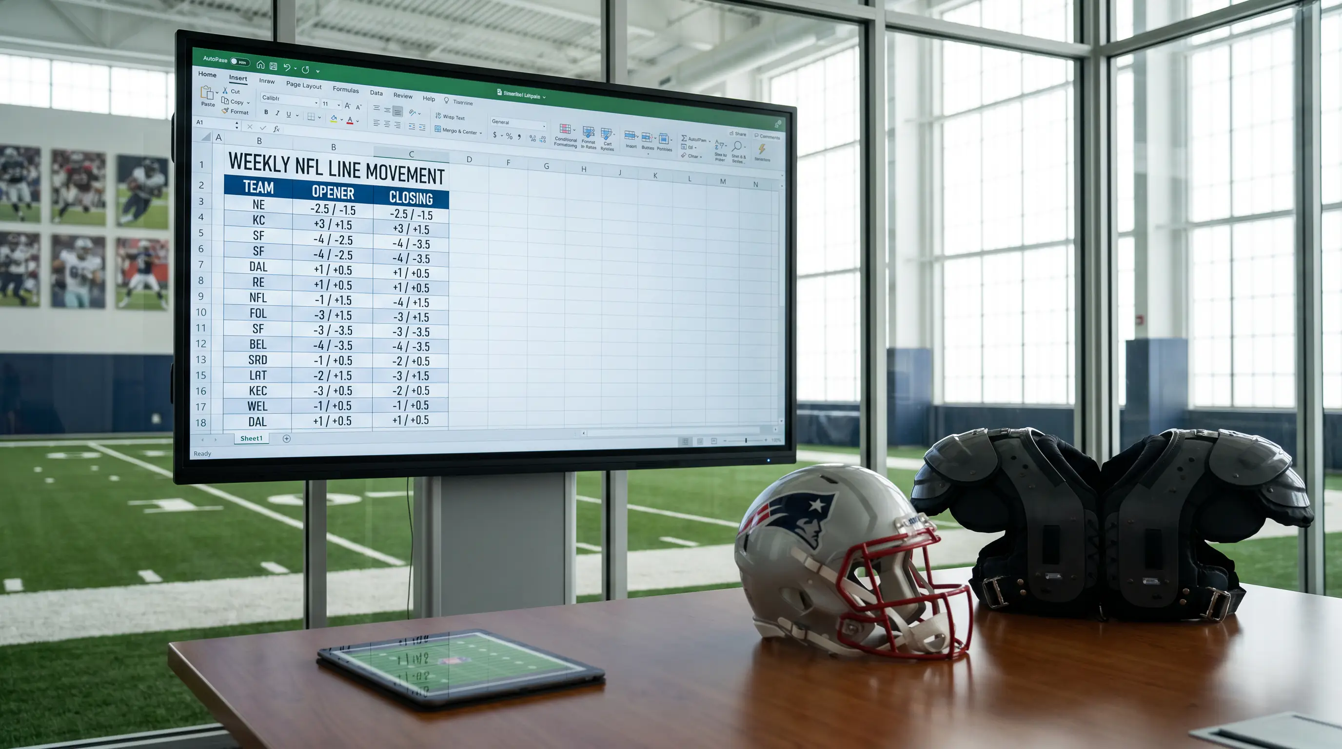 NFL line movement display showing opening and closing spread values across the week