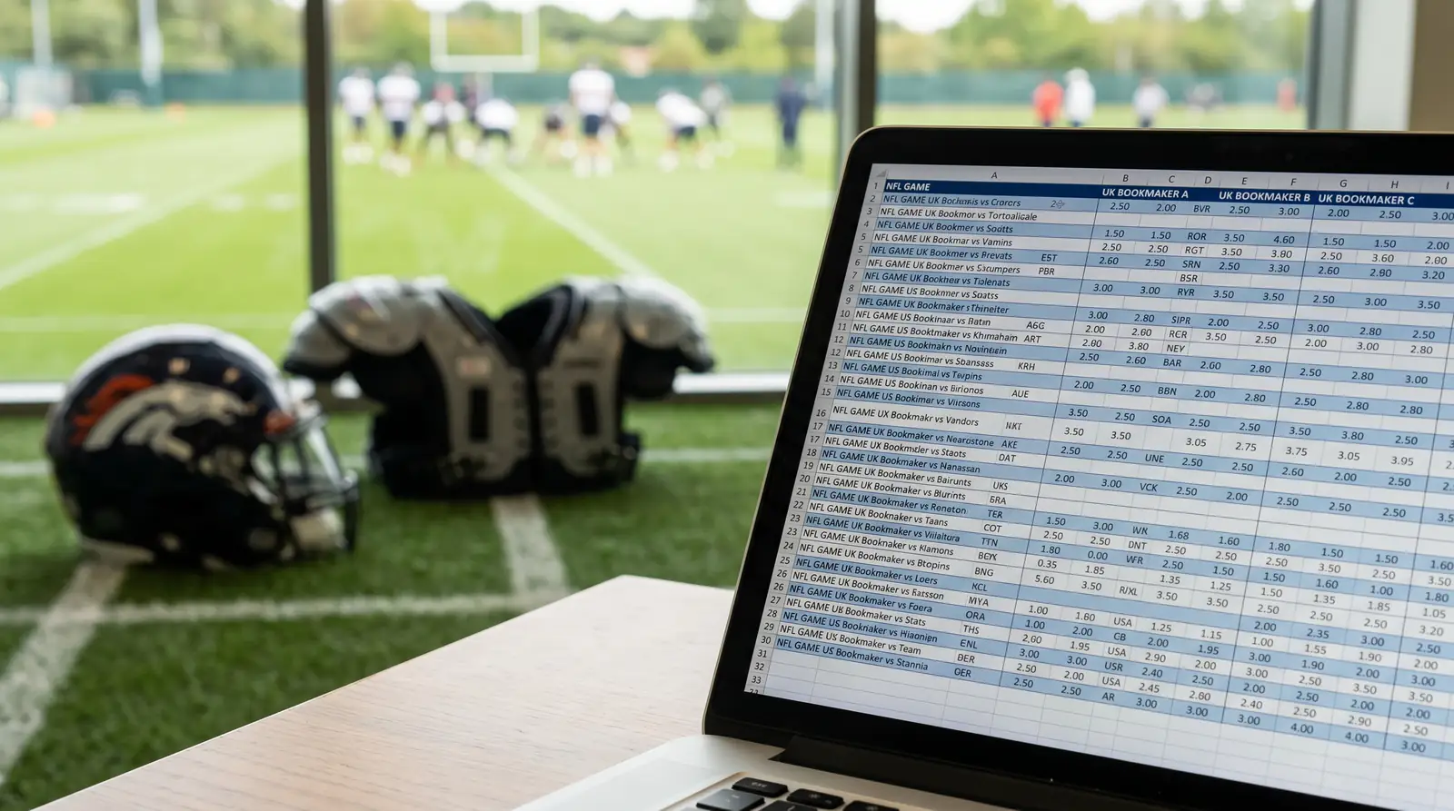 Spreadsheet open on a laptop comparing NFL spread prices across three UK bookmakers