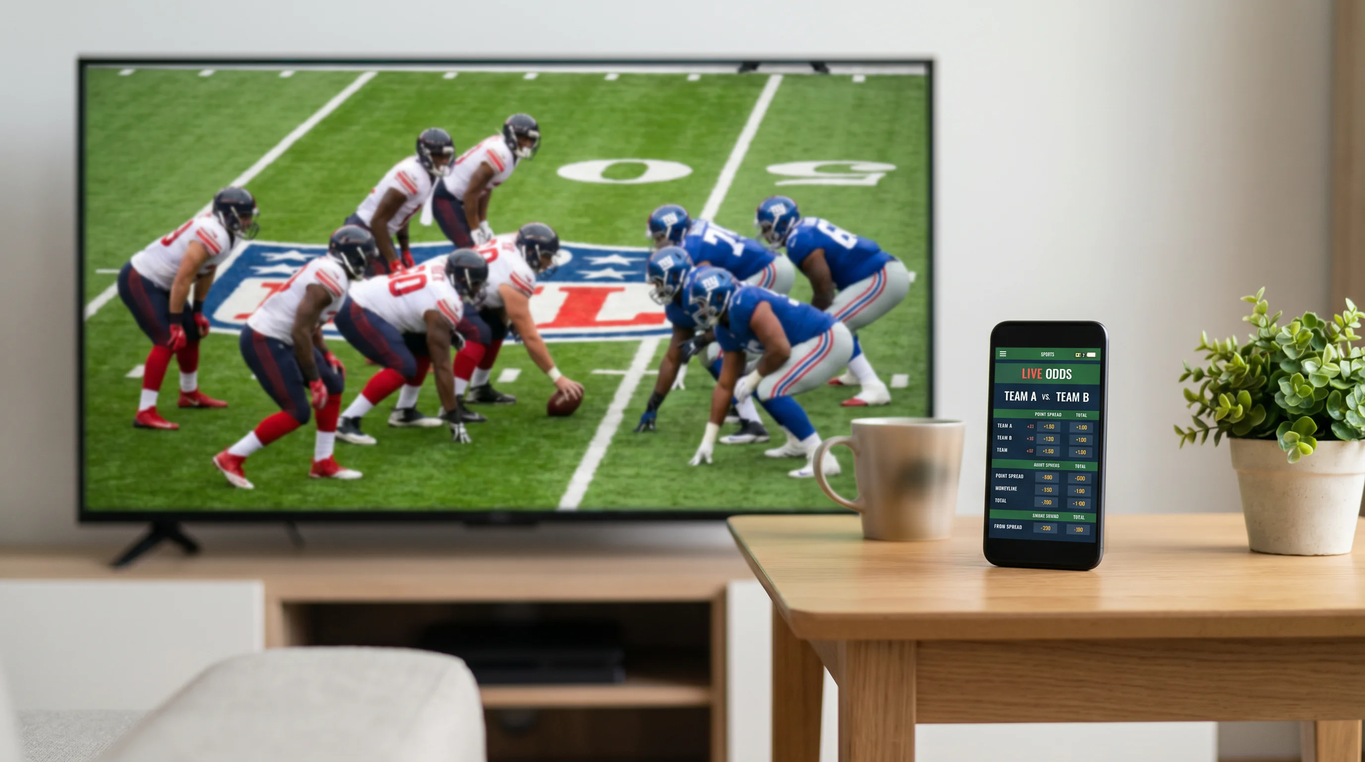 Television showing a live NFL broadcast with a phone displaying in-play odds beside it