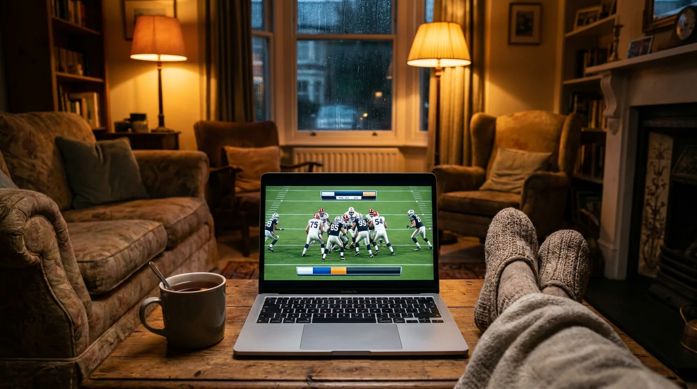 Laptop streaming an NFL live game in a UK living room during evening kickoff