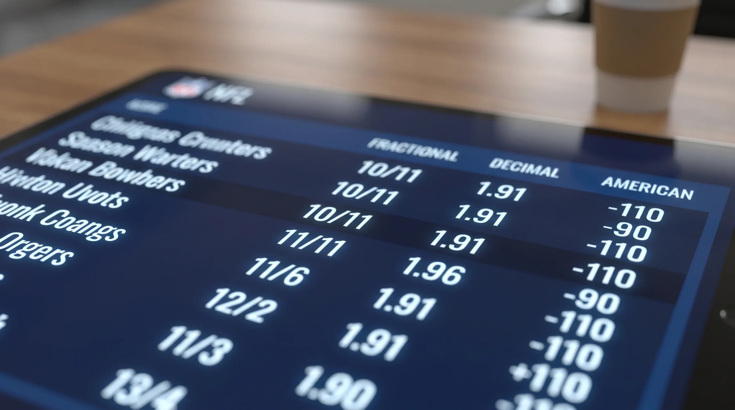NFL odds board showing American, fractional and decimal prices side by side