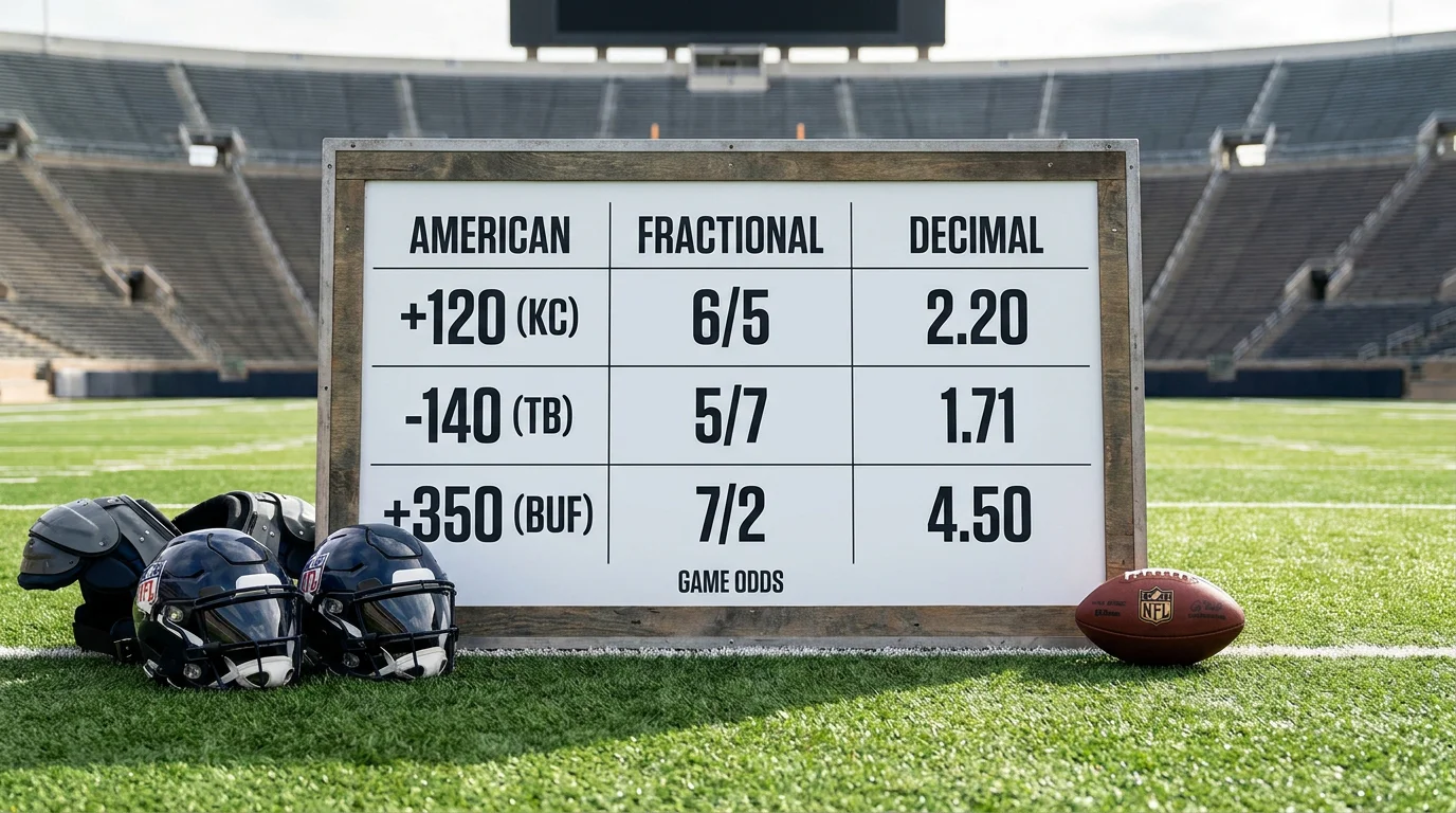 NFL odds shown in American, fractional and decimal formats on a single comparison panel
