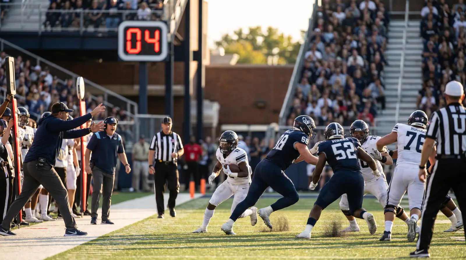 NFL play clock counting down with offence rushing to the line of scrimmage