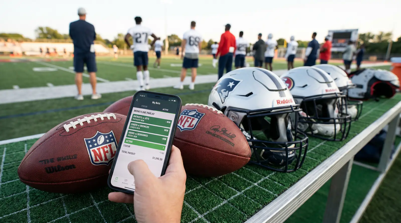 Multi-leg NFL parlay slip stacked with moneyline favourites on a mobile screen