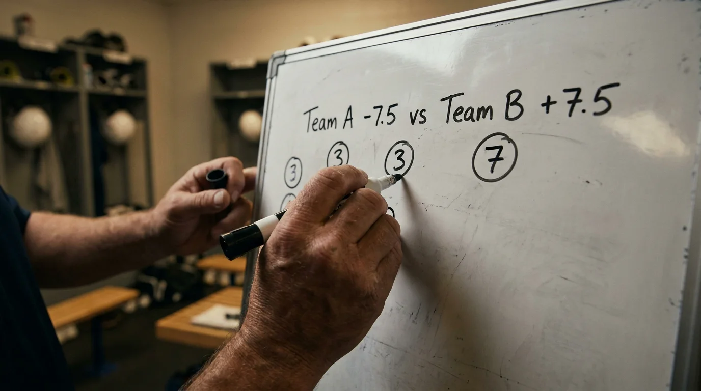 NFL coach drawing point spread mechanics with key numbers three and seven on a tactics board