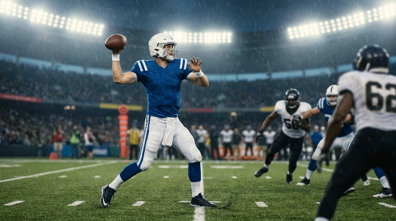 NFL quarterback releasing a deep pass with passing yards prop overlay context