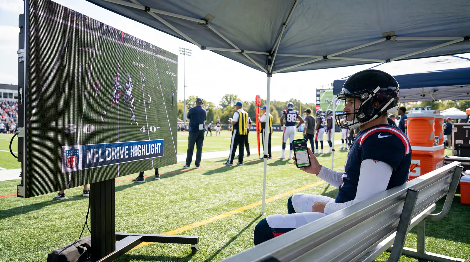 NFL drive highlight package on screen as a punter weighs a live momentum bet